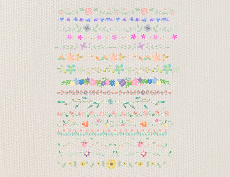 Pu&ograve; includere: Una collezione di 14 bordi floreali con vari colori e stili, tra cui fiori rosa, blu, verdi, gialli e bianchi. I bordi sono perfetti per aggiungere un tocco di eleganza e fantasia a qualsiasi progetto di design.