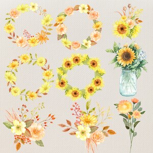 May include: A set of watercolor illustrations featuring sunflowers, wreaths, and bouquets. The illustrations are in shades of yellow, orange, and brown, and are perfect for adding a touch of nature to your designs.