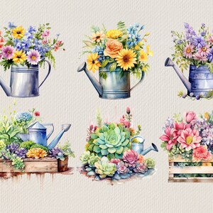 May include: Six watercolor illustrations of watering cans filled with colorful flowers. The watering cans are blue and gray with a rustic look. The flowers are a variety of colors, including pink, purple, yellow, and white. The illustrations are perfect for adding a touch of nature to any project.