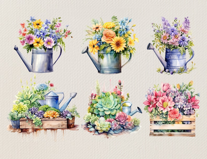 May include: Six watercolor illustrations of watering cans filled with colorful flowers. The watering cans are blue and gray with a rustic look. The flowers are a variety of colors, including pink, purple, yellow, and white. The illustrations are perfect for adding a touch of nature to any project.