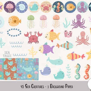 45 Sea Creature Clipart, Undersea Creatures, Sea Animals Clipart, Ocean Background Paper, Instant Downloadstant Download