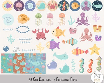 45 Sea Creature Clipart, Undersea Creatures, Sea Animals Clipart, Ocean Background Paper, Instant Downloadstant Download
