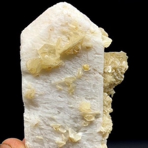Puede incluir: Un cristal blanco con un grupo de cristales más pequeños de color amarillo pálido unidos a un lado. El cristal más grande tiene una parte superior puntiaguda y una base plana.