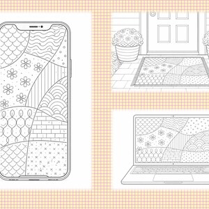 May include: Black and white line art of a smartphone, a doormat, and a laptop, all featuring a similar abstract pattern. The smartphone is upright, the doormat is rectangular, and the laptop is open. The patterns include floral and geometric designs.