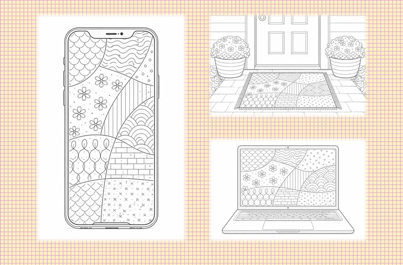 May include: Black and white line art of a smartphone, a doormat, and a laptop, all featuring a similar abstract pattern. The smartphone is upright, the doormat is rectangular, and the laptop is open. The patterns include floral and geometric designs.