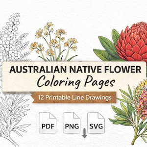 May include: An image featuring Australian native flower coloring pages. The design includes detailed illustrations of various flowers, some in color and others as line drawings. Text reads "AUSTRALIAN NATIVE FLOWER Coloring Pages" and "12 Printable Line Drawings".