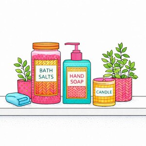 May include: A colorful illustration of bath products and decor. Includes a jar of bath salts, hand soap, a candle, a small blue towel, and two potted plants. The products are arranged on a white shelf against a white background.