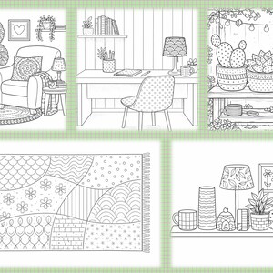 May include: Black and white line art illustrations of interior design scenes. The images depict a living room with a large potted plant, a desk with a lamp, a shelf with potted succulents, and a shelf with decorative items. A patterned rug is also shown.
