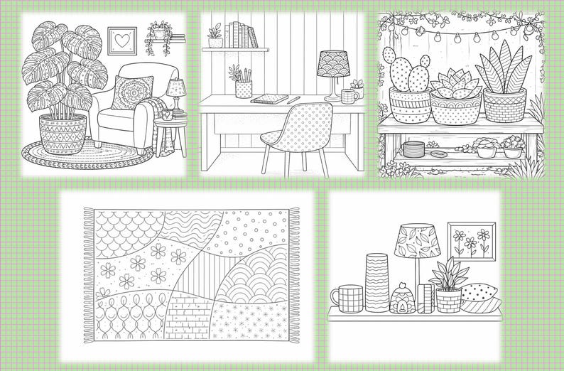 May include: Black and white line art illustrations of interior design scenes. The images depict a living room with a large potted plant, a desk with a lamp, a shelf with potted succulents, and a shelf with decorative items. A patterned rug is also shown.