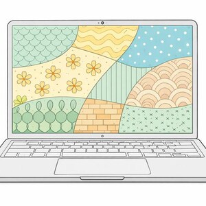 May include: A silver laptop with a colorful, patterned screen. The screen displays a patchwork design with floral, geometric, and abstract elements in shades of green, yellow, blue, and peach. The keyboard is visible below the screen.