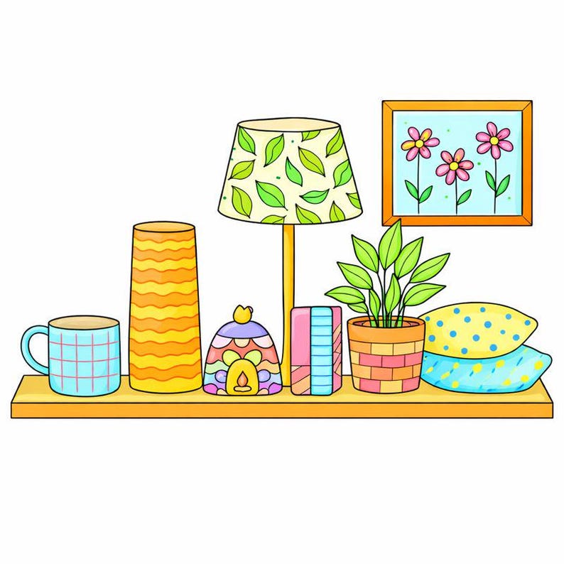 May include: A cartoon illustration of a shelf with various decorative items. It includes a blue mug, a tall yellow vase, a lamp with a green leaf-patterned shade, a framed picture of flowers, a potted plant, and two pillows with yellow polka dots.