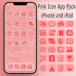 Könnte beinhalten: Rosa iPhone- und iPad-App-Paket mit verschiedenen Symbolen, darunter Geldbörse, Wetter, Timer, Einstellungen, Notizen und Karten. Die Icons und der Hintergrund haben ein einheitliches rosa Farbschema. Text: 'Pink Icon App Pack iPhone and iPad'.