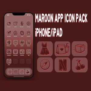 May include: A maroon app icon pack for iPhone/iPad. The image shows a smartphone with custom app icons and a set of matching icons. The icons are in a maroon color scheme with white outlines. The text "MAROON APP ICON PACK" and "iPhone/iPad" is also visible.