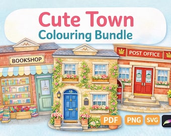 Cozy Town Coloring Pages | Street Scenes, Bookshops (PDF, PNG, SVG)