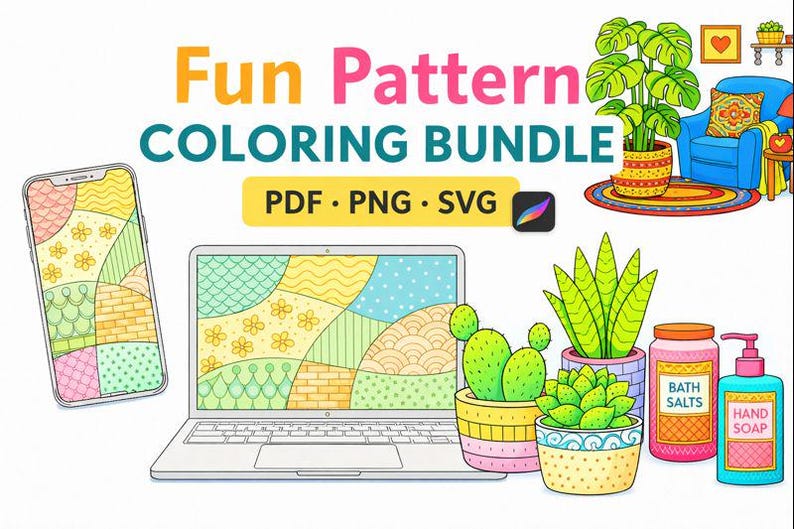 May include: A colorful digital art bundle with the text "Fun Pattern Coloring Bundle" featuring a laptop, phone, and various decorative items. Includes PDF, PNG, and SVG files. The image also includes a Procreate logo.
