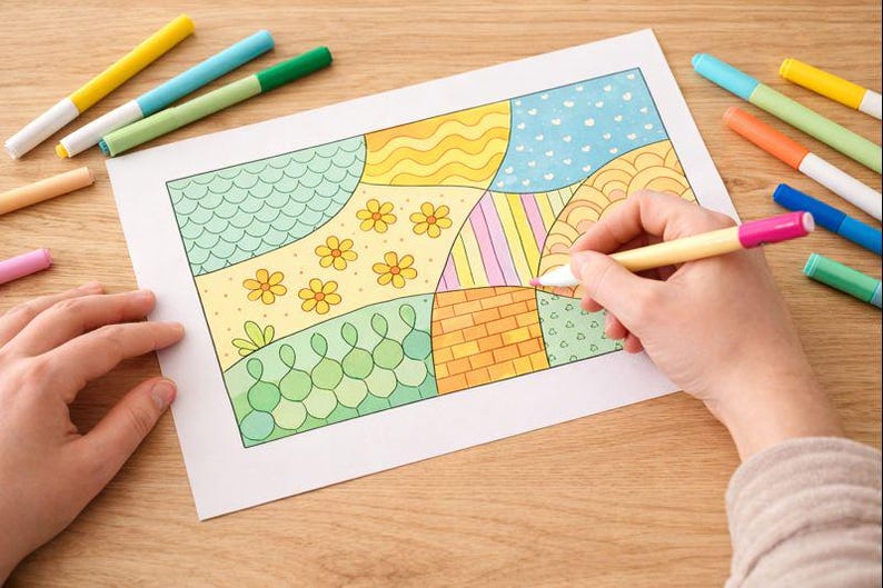 May include: A hand coloring a patterned illustration with a pink marker. The illustration features various geometric shapes and floral designs in yellow, green, blue, and orange. Several colored markers are scattered around the artwork on a wooden surface.