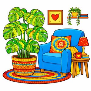 May include: A colorful illustration of a cozy living room scene. A large potted plant with green and yellow leaves sits on a vibrant rug. A blue armchair has a decorative pillow, a small side table with a lamp, and a framed heart.
