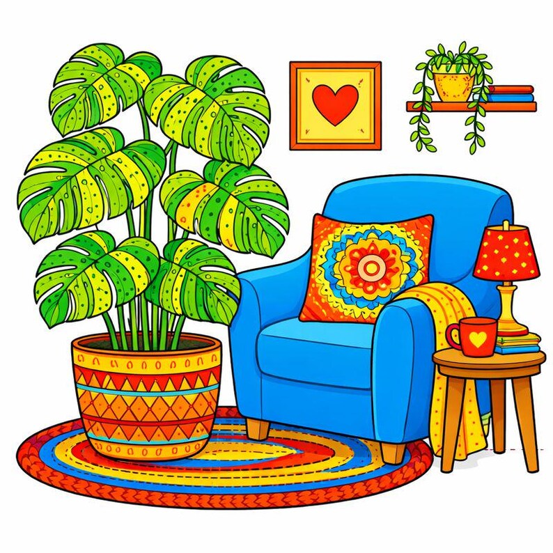 May include: A colorful illustration of a cozy living room scene. A large potted plant with green and yellow leaves sits on a vibrant rug. A blue armchair has a decorative pillow, a small side table with a lamp, and a framed heart.