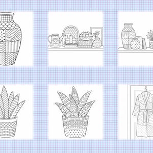 May include: Black and white line art illustrations of home decor items, including vases, plants, and a robe. The vases have patterned designs. The plants are in decorative pots. The robe is hanging on a door.
