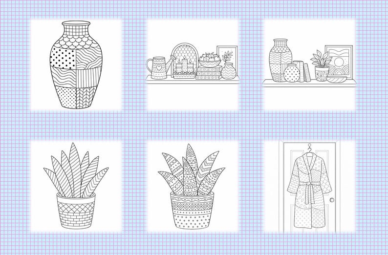 May include: Black and white line art illustrations of home decor items, including vases, plants, and a robe. The vases have patterned designs. The plants are in decorative pots. The robe is hanging on a door.