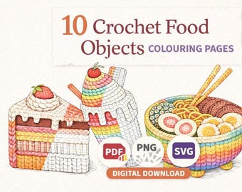 Dibujos de comida para colorear a crochet / Ilustraciones acogedoras (PDF, PNG, SVG)