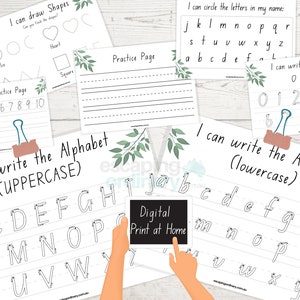 May include: Printable worksheets for kids to practice writing the alphabet in uppercase and lowercase letters, numbers 0-10, and drawing shapes. The worksheets are black and white with green leaves in the corners.