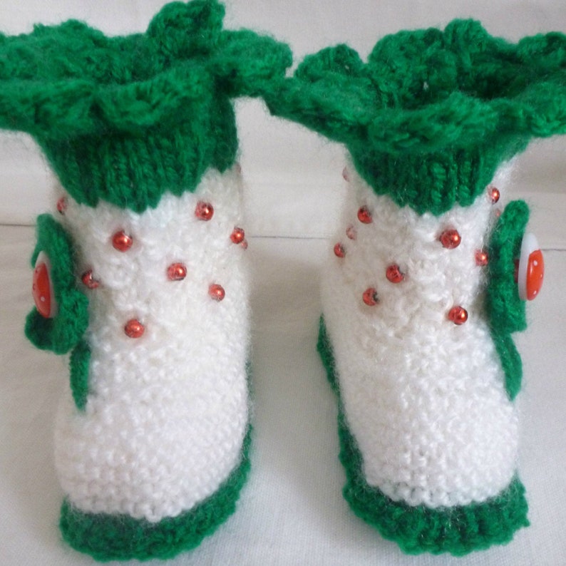 White Green Baby Girl Booties, Handknit Newborn Socks, Soft Acrylic