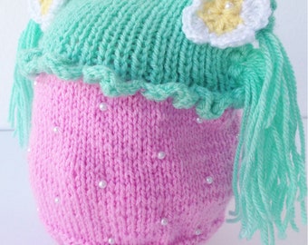 Bonnet en tricot de fraise de bébé fille, Bonnet de queues d'hiver pour nouveau-né Unique, accessoire de bébé tricoté à la main doux rose