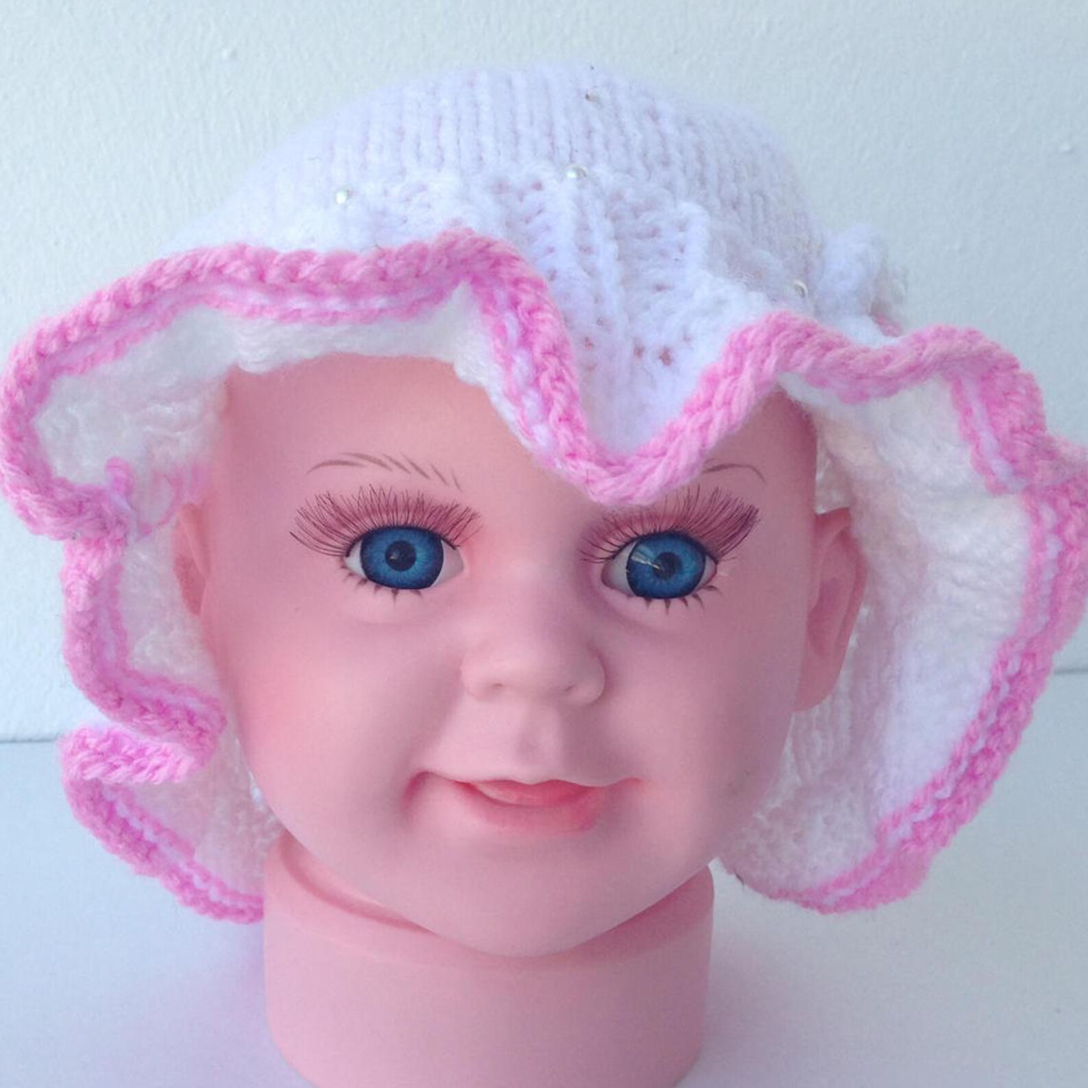 White Baby Cap with Pink Heart & Floral Pearl Detail main image 0