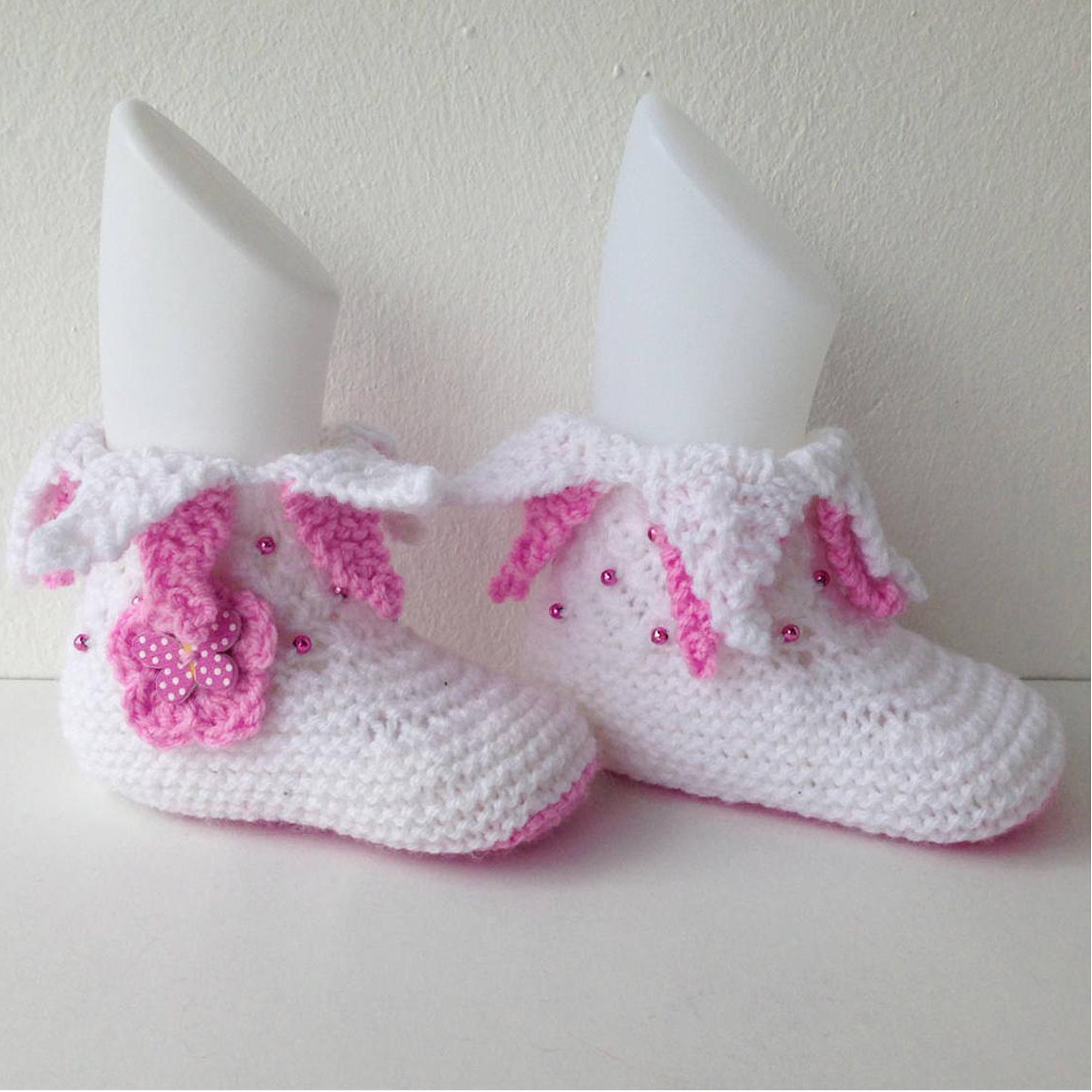 White Pink Baby Girl Booties, Handknit Newborn Socks, Soft Acrylic Baby ...