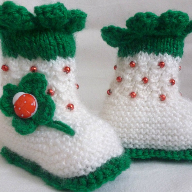 White Green Baby Girl Booties, Handknit Newborn Socks, Soft Acrylic
