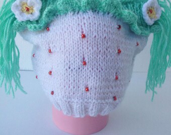 Bonnet en tricot blanc pour bébé fille fraise, Bonnet de queue d'hiver pour nouveau-né Unique, accessoire bébé tricoté à la main doux