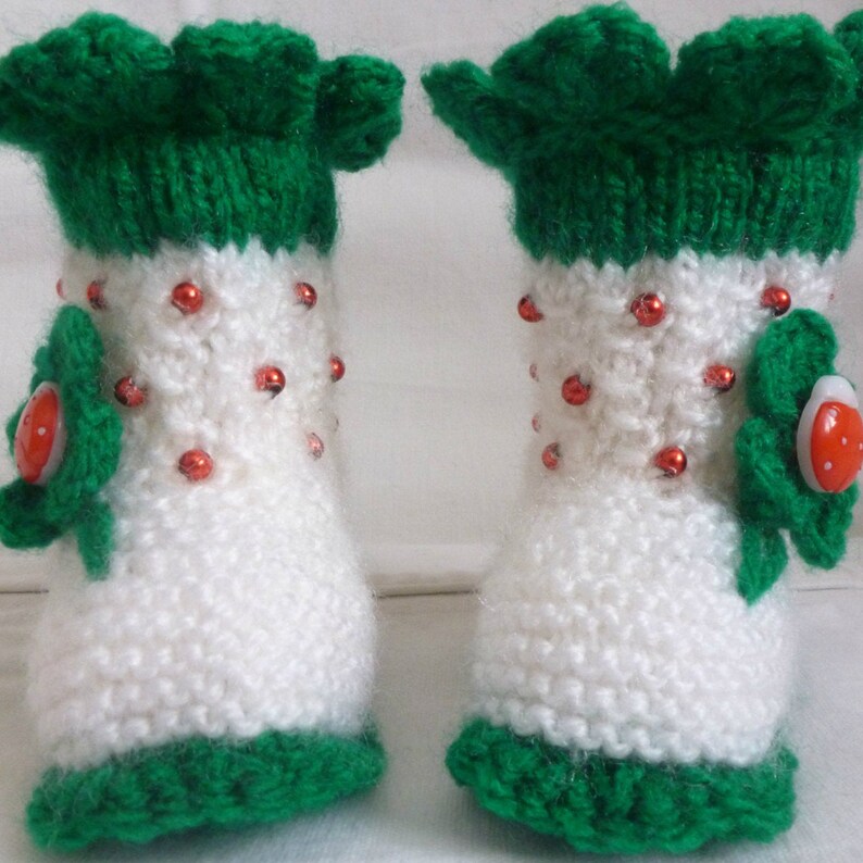 White Green Baby Girl Booties, Handknit Newborn Socks, Soft Acrylic