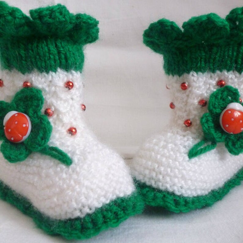 White Green Baby Girl Booties, Handknit Newborn Socks, Soft Acrylic