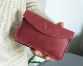 Small leather wallet with coin pocket for woman, red leather wallet with coin pouch, slim leather wallet, womens wallet, gifts for mom