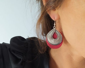 Woman leather earrings, Ethnic earrings, Dangle leather earrings, Woman earrings, Ethnic jewelry, Gifts for her