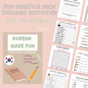 Op de afbeelding: Een studiepakket voor het leren van Koreaans, met een kleurrijke omslag met de tekst "Korean Made Fun" en een gesloten boek met de Koreaanse zin "안녕하세요" (annyeonghaseyo) wat "hallo" betekent. Het pakket bevat 47 pagina's met activiteiten zoals schrijven, woordzoekers, quizzen en meer.