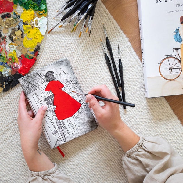 Travel Journal | Blank Journal | Sketch Book | Inspiration Notebook | Lady with Bicycle | Red Dress | Cityscape | Europe | Polka Dots