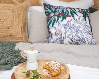 Australian Gum Leaves Cushion | Flowering Gum | Eucalyptus Flower Cushion | Australian Plants | Botanical Cushion | Linen Canvas Fabric