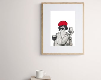 Berretto rosso parisienne / Arte del bicchiere di vino / Arte alcolica / Lady wine / Stampa giclee amante del vino / Elegante signora impertinente / Così francese chic / Unico