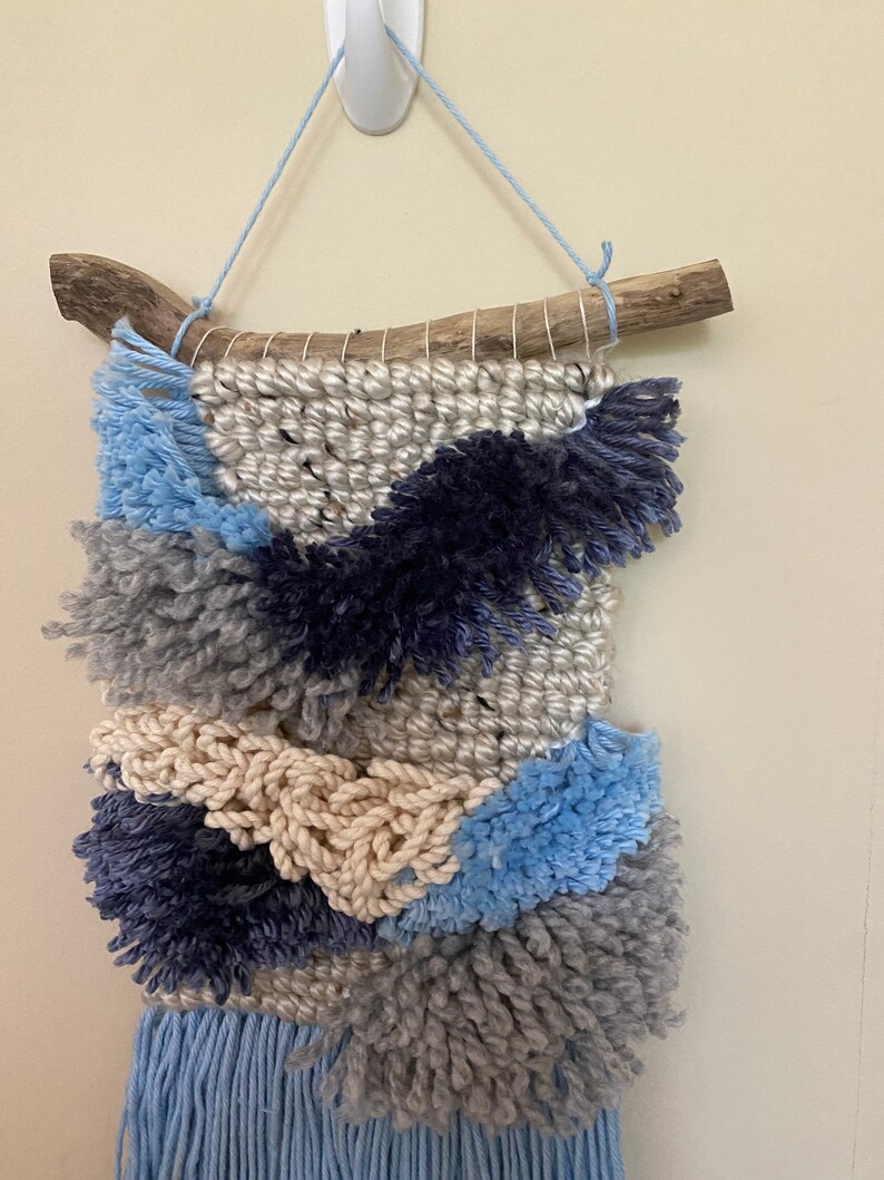 Latch Hook Wall Hanging/ocean Blue Fabric Art/ Wall Hanging/ Boho Decor