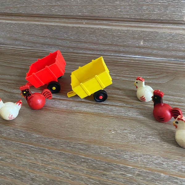 Vintage Fisher Price Furniture and Farm Toys/ Fisher Price Chickens/ Fisher Price Table and Bed/ Fisher Price Wagons