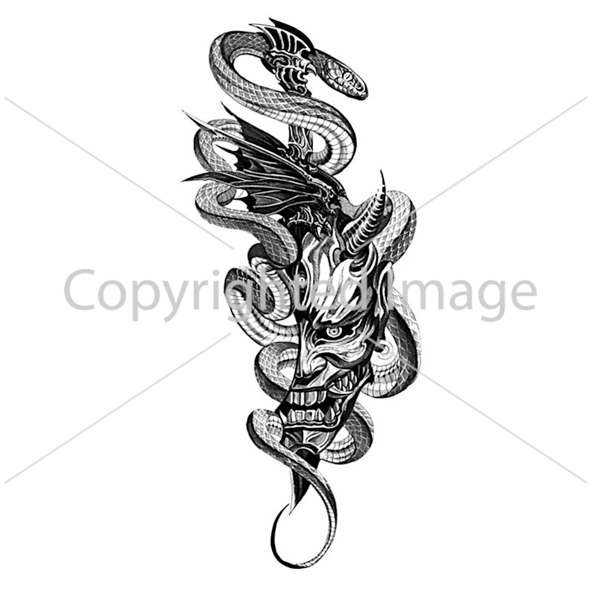 Demon Face In Snake Mouth Tattoo Design