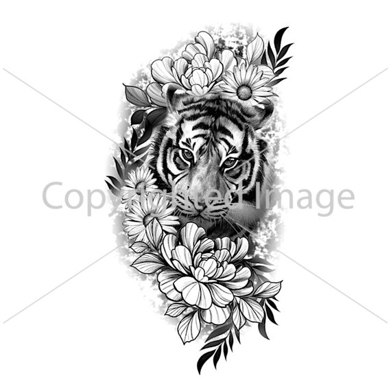 Tattoo Design Tiger With Flowers Digital Download  Etsy