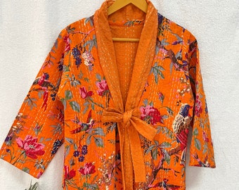 Block Print Cotton Kantha Quilted Kimono Jacket - Bohemian Overcoat