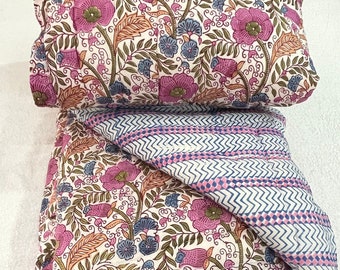 Handmade Reversible Floral Quilted Razai Blanket: Indian Block Print Cotton Quilt
