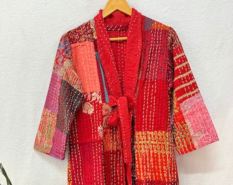 Peignoir kimono matelassé Kantha fait main : veste en coton patchwork