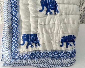 Elephant Block Printed Razai, 90X108 inches Queen Size Blanket, Throw Docter Cotton Quilted Reversible comforter Winter Warm Bedding Razai