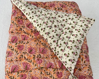 Razai de algodón tradicional hecho a mano, manta Razai con estampado de bloques de mano, colcha Razai cálida de invierno étnico, colcha Razai, cubierta de cama Coverlet Razai