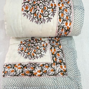 Organic Cotton Handmade Quilt, Floral Block Print Blanket Quilt Razai, Ethnic Light Weight Bedspread Blanket Throw Quilt, Docter Cotton Art